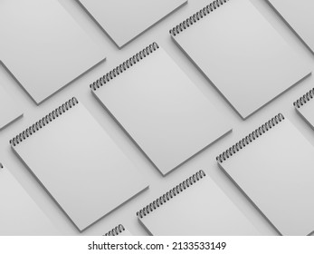 Spiral binder notebook, White notepad mock up, 3d rendering isolated on light gray background