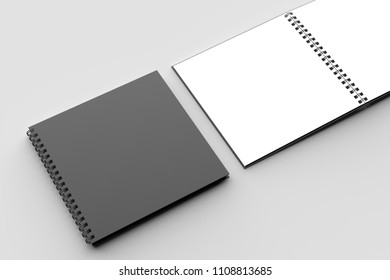 Spiral Binder Square Notebook Mock Up With Black Cover Isolated On Soft Gray Background. 3D Illustration