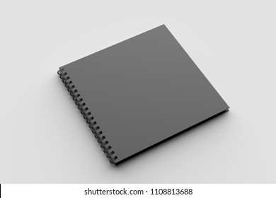 Spiral Binder Square Notebook Mock Up With Black Cover Isolated On Soft Gray Background. 3D Illustration