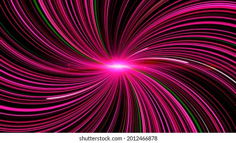 Spiral of colored and luminous lines. Animation. Curved lines radiate and pulsate from luminous center. Spiral of thin colored lines with luminous pulsations