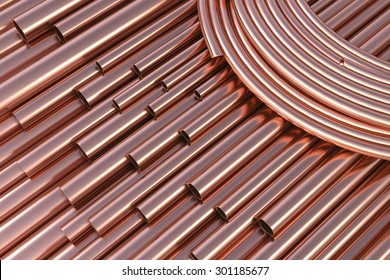 Spiral copper pipes and copper tubes. 3d illustration