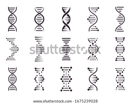 Spiral DNA icon. DNA molecule helix spiral structure, medical science chromosome concept, biology genetic symbols isolated  icons set. Biochemistry. Deoxyribonucleic acid chain. Genetic code Imagine de stoc © 