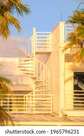 Spiral staircase to roof of beach house partly shaded by tall palm trees on a barrier island near sunset, with digital painting effect. 3D rendering.