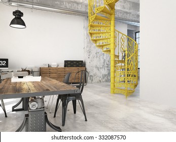 Spiral Stairs And Living Room In Modern Loft.3d Rendering