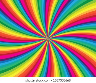 Spiral And Swirl Motion Twisting Circles Design. Colorful Cyclone Sweet Candy Radial Pattern Background. Vortex Starburst Spiral Swirl. Helix Rotation Rays. Rainbow Stripes. Sun Light Beams.