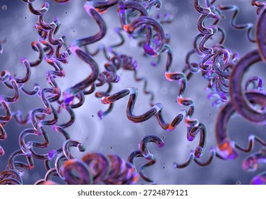 Spiral-shaped spirochete bacteria, pathogenic microorganisms causing infections like syphilis or lyme disease. Corkscrew-shaped Treponema pallidum, Borrelia, sexually transmitted and vector-borne infection, microbiological research, 3D illustration