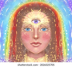 spiritual awakening. Bright portrait of a girl with a third eye in the forehead on the background colors of the chakras