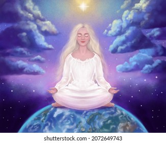 Spiritual Awakening, Meditation. Girl In Space Meditates On The Background Of The Universe