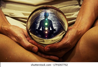 Spiritual Background: Fortune Teller Concept, Meditation Hand With Silhouette People Shining 7 Chakra Aura In Magic Glass Ball, Sign Of Love And Peaceful	