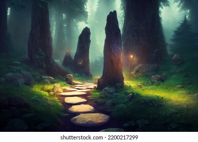 Spiritual Forrest Path. Digital Artwork Illustration. 