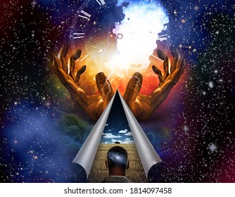 Spiritual Painting. Hands Of Creator And All Seeing Eye. Revelation Of World. 3D Rendering