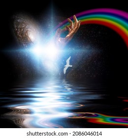 Spiritual or science background. Galaxy and rainbow. 3D rendering