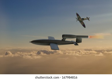 Spitfire Aircraft Trying To Intercept V1 Flying Bomb Of World War 2 Used By The Germans To Attack London, England. (Artist Impression Digital Painting)