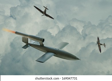 Spitfire Aircraft Trying To Intercept V1 Flying Bomb Of World War 2 Used By The Germans To Attack London, England.  (Artist Impression Digital 'Oil Painting Style' Image)