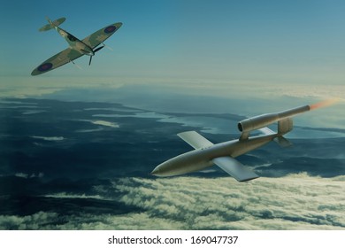 Spitfire Aircraft Trying To Intercept V1 Flying Bomb Of World War 2 Used By The Germans To Attack London, England.  (Artist Impression Digital 'Oil Painting Style' Image)