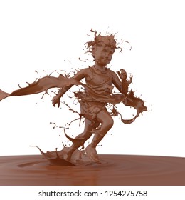 Splash Of Chocolate In Form Of Boy's Body Runner Winning Race, Cocoa Liquid, With Clipping Path. 3D Illustration.