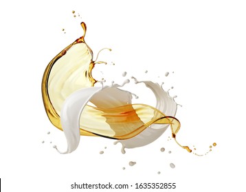 Splash Of Cream And Essence Oil With Milk, Cosmetic Liquid Isolated On White Background, 3d Illustration With Clipping Path.