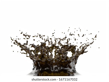 Splash, Explosion Of Liquid Similar To Coffee Or Cola On A White Background. Drink And Movement Concept. Nobody Around. 3d Render.