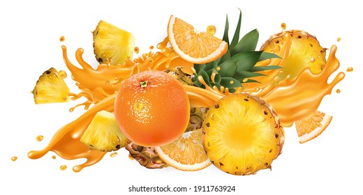 Splash Of Fruit Juice And Fresh Pineapple And Orange.