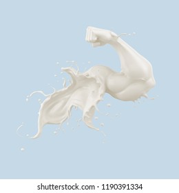 Splash of milk in form of arm muscle. 3D illustration.