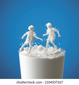 Splash Of Milk In Form Of Boy's Body Playing Football, Boy Soccer Player, Splash Of Milk With Clipping Path. 3D Illustration.