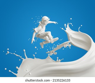 Splash Of Milk In Form Of Boy's Body Playing Skateboard On White Milk, Young Skater Player, With Clipping Path. 3D Illustration.