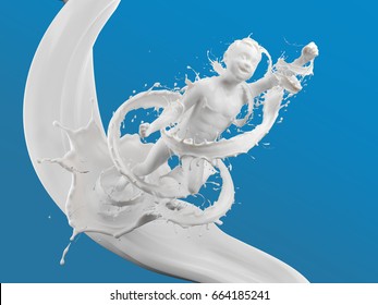 Splash Of Milk In Form Of Boy's Body. With Clipping Path. 3D Illustration