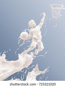 Splash Of Milk In Form Of Boy's Body Playing Basketball, Boy Jump, With Clipping Path. 3D Illustration.