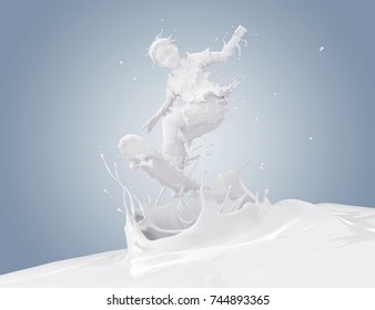 Splash Of Milk In Form Of Boy's Body To Ride Skateboard, Boy Jump, With Clipping Path. 3D Illustration.