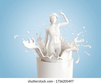 Splash of milk in form of Girl Fitness Exercise shape, with clipping path. 3D illustration. - Powered by Shutterstock