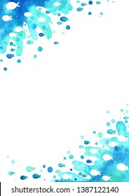 Splash Ocean Water With School Of Fish Watercolor Hand Painting For Decoration On Summer Events.