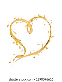 Splash ripple of liquid yellow oil, olive, lubricant in form of heart shape isolated on white background. Design creative concept for valentine day or love. 3D render illustration.