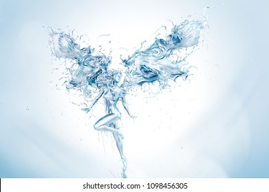 Splash of water in form of woman body, abstract Liquid Flying Girl, for design elements with clipping path. 3D illustration.