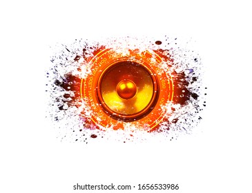 Splashed orange audio speaker on a white background 