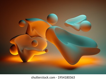 Splashes Of Liquid In Weightlessness. Background With Abstract Elements At Zero Gravity. Abstract White And Brown Background. Objects With Abstract Objects. Background 3d Rendering.