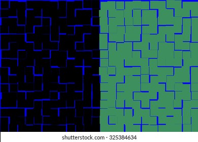 Split background, half black half green, with overlay pattern of blue tiles, for themes of duality or commonality
