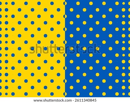 A split background with two distinct polka dot patterns. One half features blue dots on a yellow background, and the other yellow dots on a blue background.