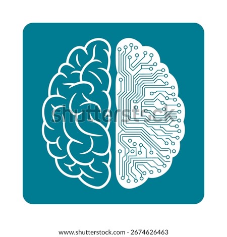 Split brain illustration: organic half and digital circuit half on teal background.