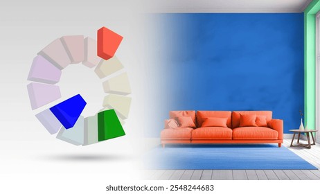 Split complementary color scheme of blue, red orange, green for living interior 3D Illustration