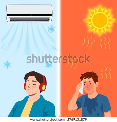 Split concept illustration of hot and cold environments showing air conditioning comfort and heatwave stress without text, suitable for customizable designs.