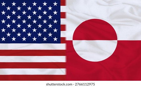 Split image of waving national flags of the United States and Greenland displayed side by side representing close connections in the North Atlantic region