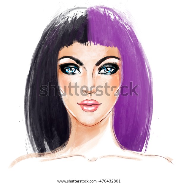 Splitdyed Hair Trend Woman Face Half Stock Illustration