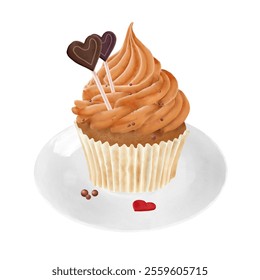 Sponge cake with chocolate cream and hearts on a plate. Watercolor digital illustration. Sweet candies on a stick are stuck in cream, isolated on a white background. For wedding, Valentine's Day - Powered by Shutterstock