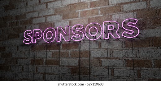 SPONSORS - Glowing Neon Sign On Stonework Wall - 3D Rendered Royalty Free Stock Illustration.  Can Be Used For Online Banner Ads And Direct Mailers.
