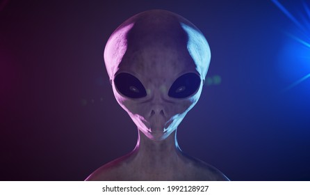 Spooky alien's face on black background. Red and blue lights. 3D rendered illustration.