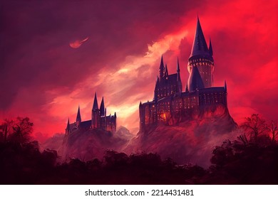 Spooky Castle On A Hill. Red Sky With Clouds. Halloween Castle.