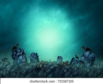 Spooky cemetery and dark gloomy graveyard as a creepy haunted burial grave background at night with 3D render elements. - Powered by Shutterstock