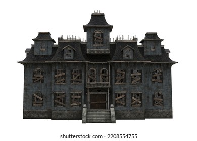 Spooky Deserted Old Mansion House. 3D Rendering Isolated On White.