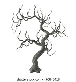 Spooky gnarled Halloween tree with long bare branches isolated on white background. 3D illustration.