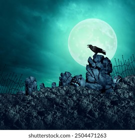 Spooky Grave Yard Background and cemetery as a creepy haunted burial grave with a crow at night on a full moon as a Halloween symbol in a 3D illustration style. - Powered by Shutterstock